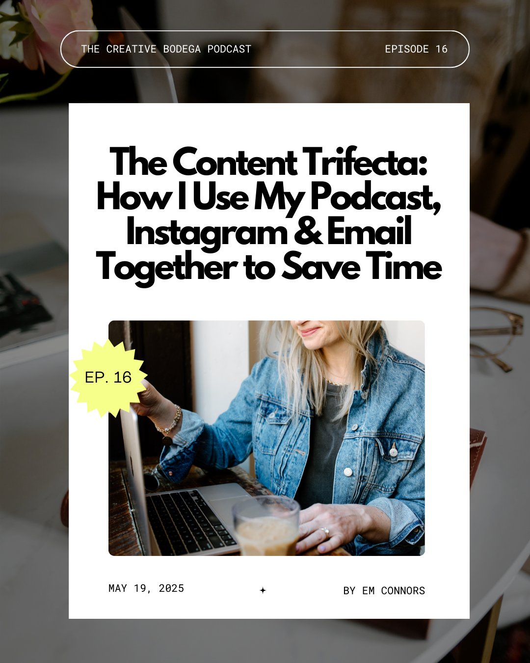 Em in denim jacket opening laptop with iced coffee next to her