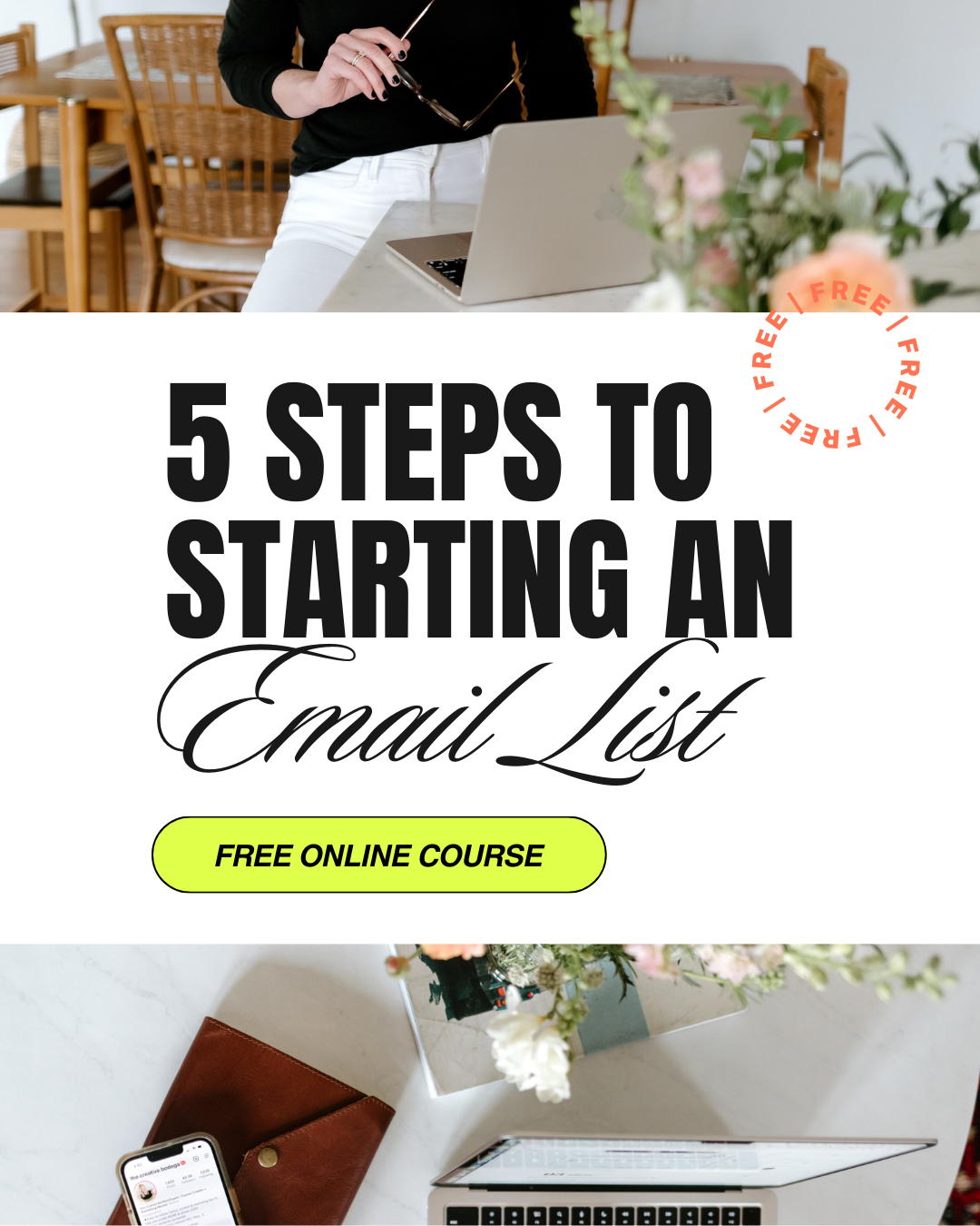 Promo image for the course showing Em's laptop with words over it saying 5 steps to starting an email list