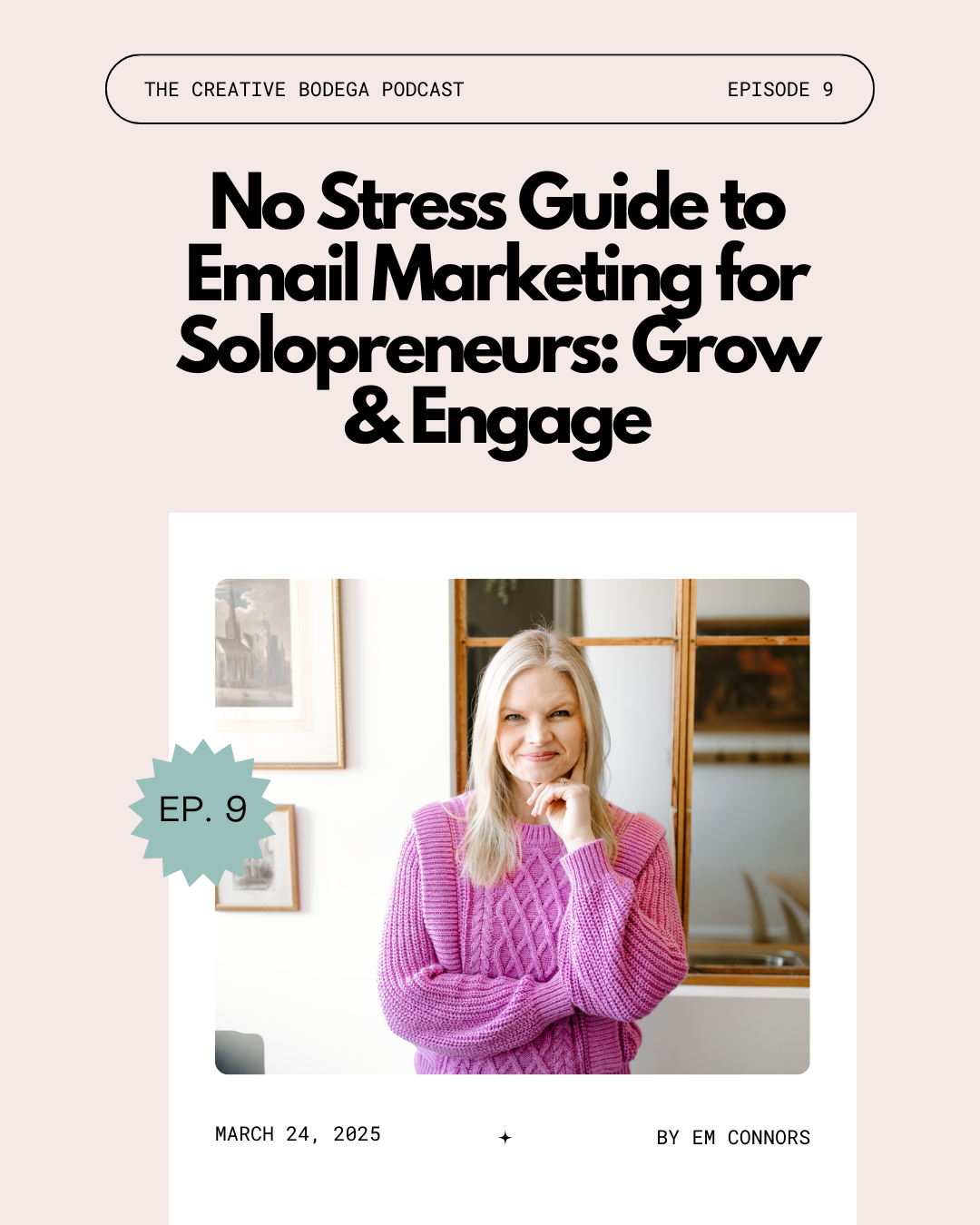 Em in a pink sweater, hand under her chin, smiling