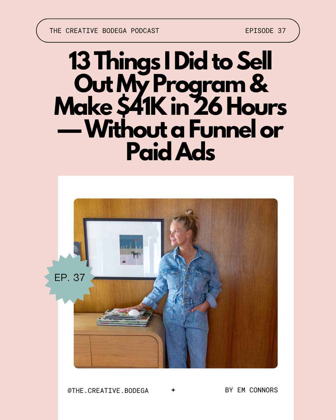 Em wearing a denim jumper with a hand on a credenza looking out a window