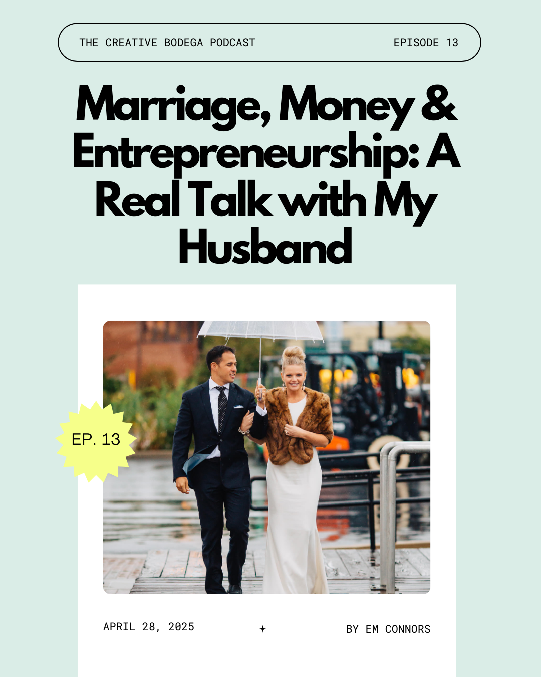 Em and Rob on their wedding day under an umbrella smiling